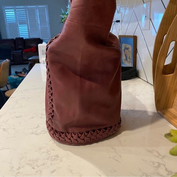 The SAK Skye Leather Boho Bucket Shoulder Bag Tassle Braided Cabernet Red - Picture 7 of 13
